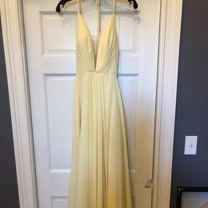 Faviana Yellow Open Back, Halter, Slit Dress